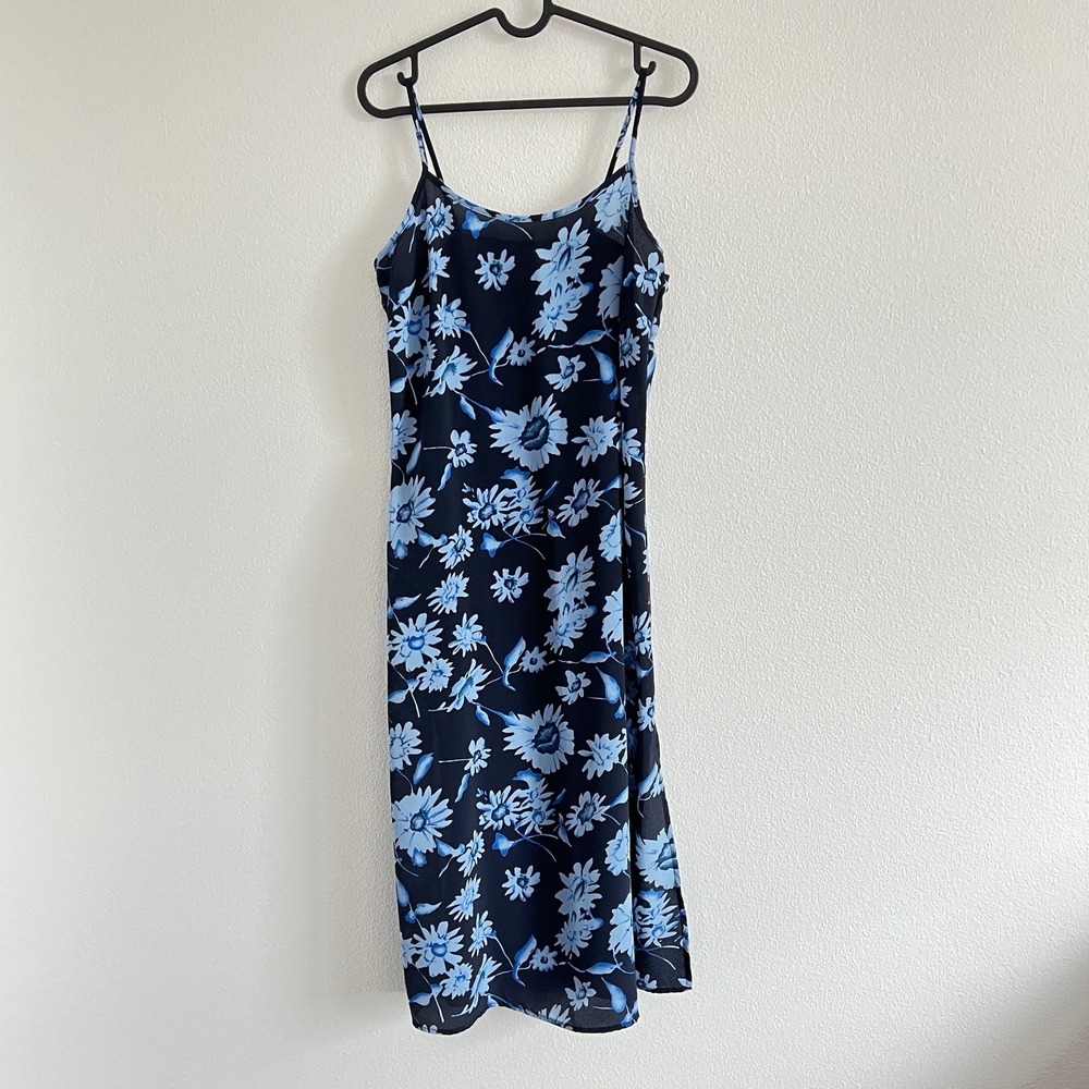 Vintage 90s Sense USA Navy Blue Floral Spaghetti Strap Midi Slip Dress S Fairy